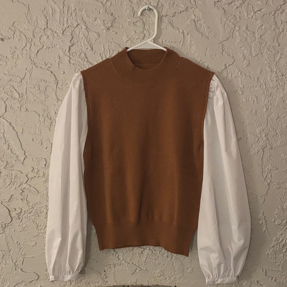 Brown and White Sleeveless Sweater with Puff Sleeves